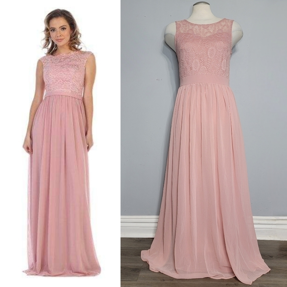 Sleeveless Blush Pink Lace Top A-Line Chiffon Formal Gown